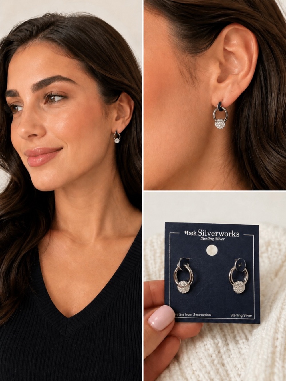 Silverworks Sterling Silver Hoop Earrings with White Crystal Clusters